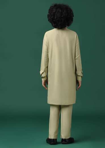 Kalki Beige Textured Bandi Jacket Set In Silk With Floral Print For Boys