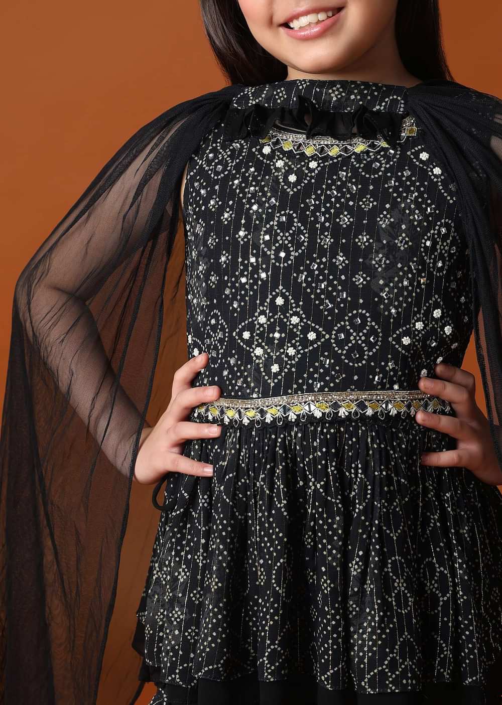 KALKI Black Kurti And Sharara Set With Mirror Work For Girls