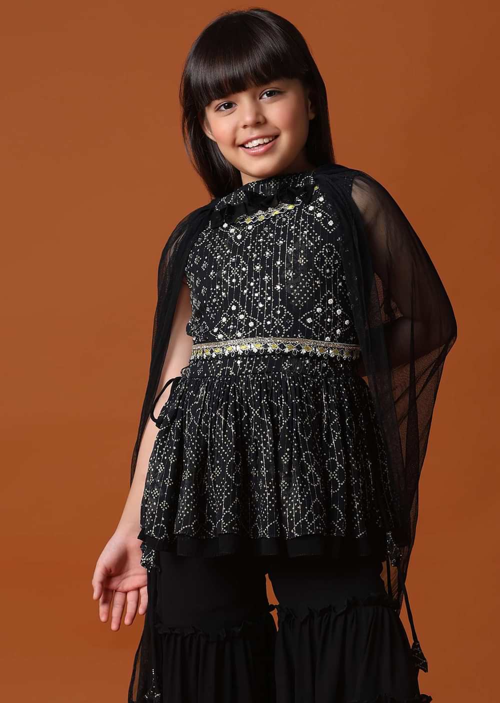 KALKI Black Kurti And Sharara Set With Mirror Work For Girls