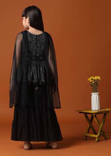KALKI Black Kurti And Sharara Set With Mirror Work For Girls