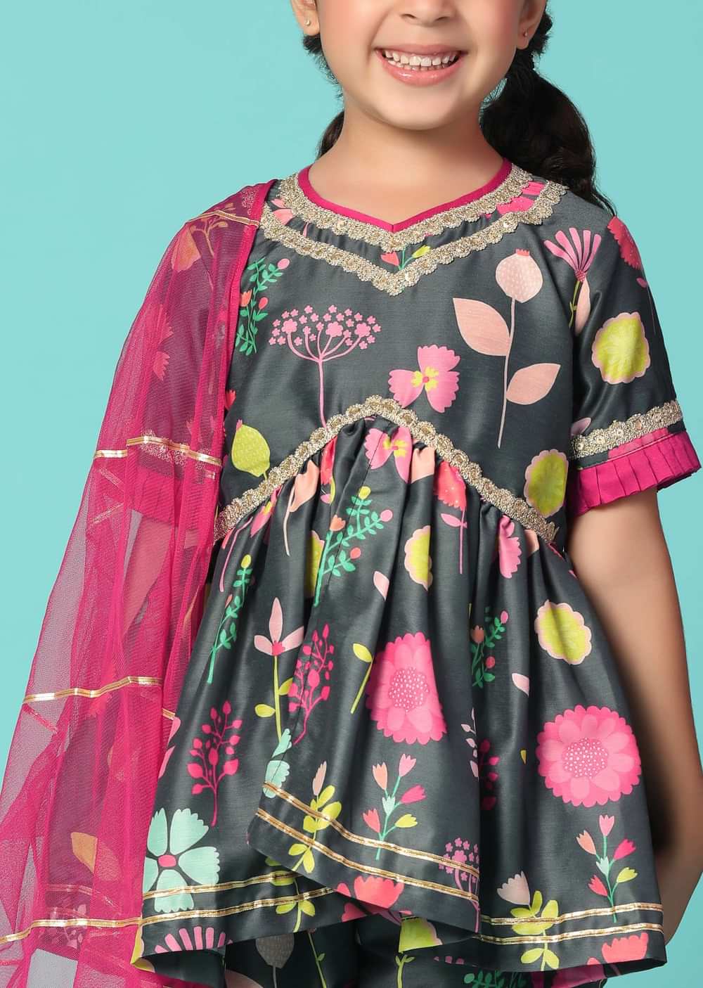 Kalki Black Printed Kurta And Sharara Set In Cotton Silk For Girls