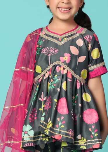 Kalki Black Printed Kurta And Sharara Set In Cotton Silk For Girls