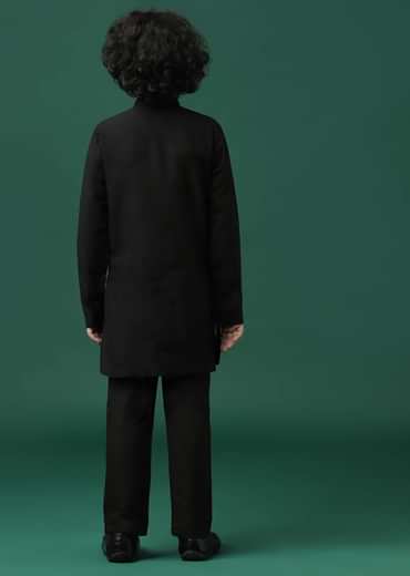 Kalki Black Printed Kurta Jacket Set In Silk For Boys