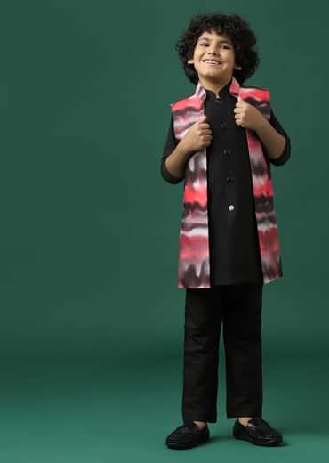 Kalki Black Printed Kurta Jacket Set In Silk For Boys