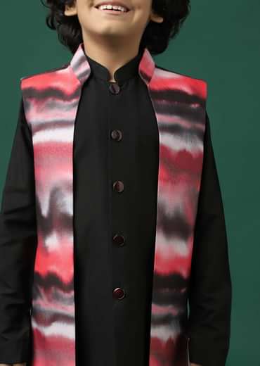 Kalki Black Printed Kurta Jacket Set In Silk For Boys