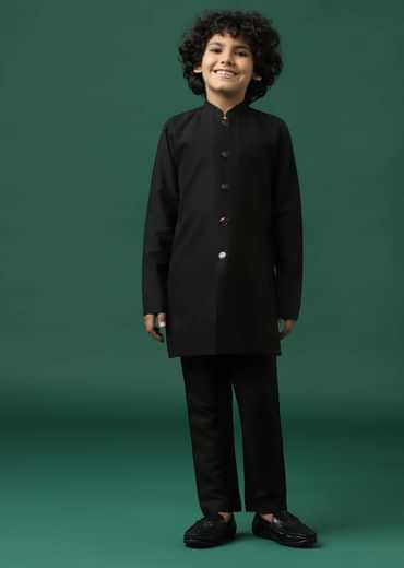 Kalki Black Printed Kurta Jacket Set In Silk For Boys