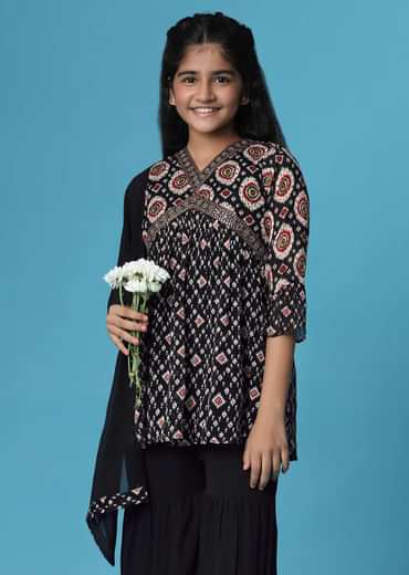 Kalki Black Printed Kurti And Palazzo Set In Georgette For Girls