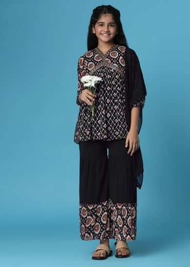 Kalki Black Printed Kurti And Palazzo Set In Georgette For Girls