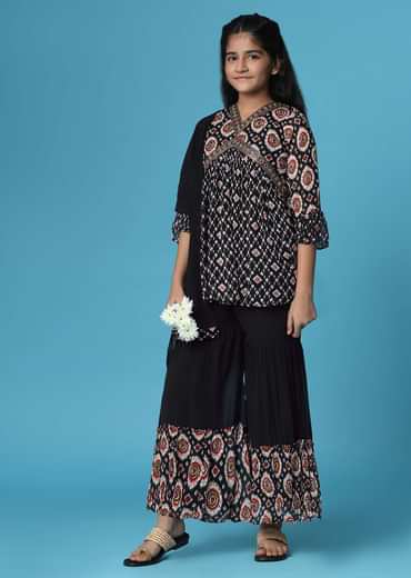 Kalki Black Printed Kurti And Palazzo Set In Georgette For Girls