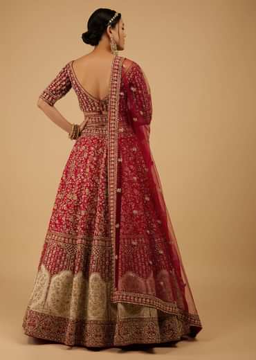Bride And Baraat Apple Red Fully Embroidered Lavish Lehenga Choli With Belt