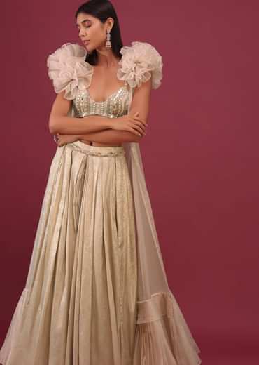 Bridesmaid Champagne Brown Lehenga Set With Ruffle Shrug And Embroidery