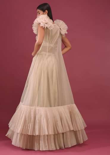 Bridesmaid Champagne Brown Lehenga Set With Ruffle Shrug And Embroidery