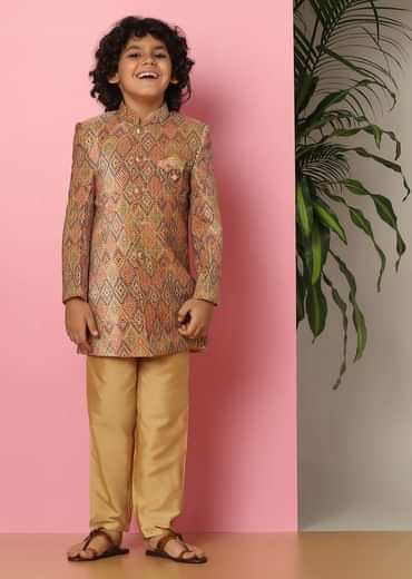 Kalki Brown Sherwani Set In Velvet With Print And Sequins For Boys