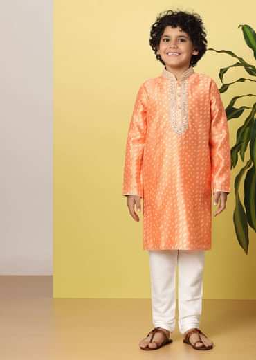 Kalki Carrot Orange Boys Kurta Set In Silk With Mirrors And Threadwork