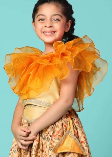 Kalki Carrot Orange Top And Lehenga Set In Cotton Silk For Girls