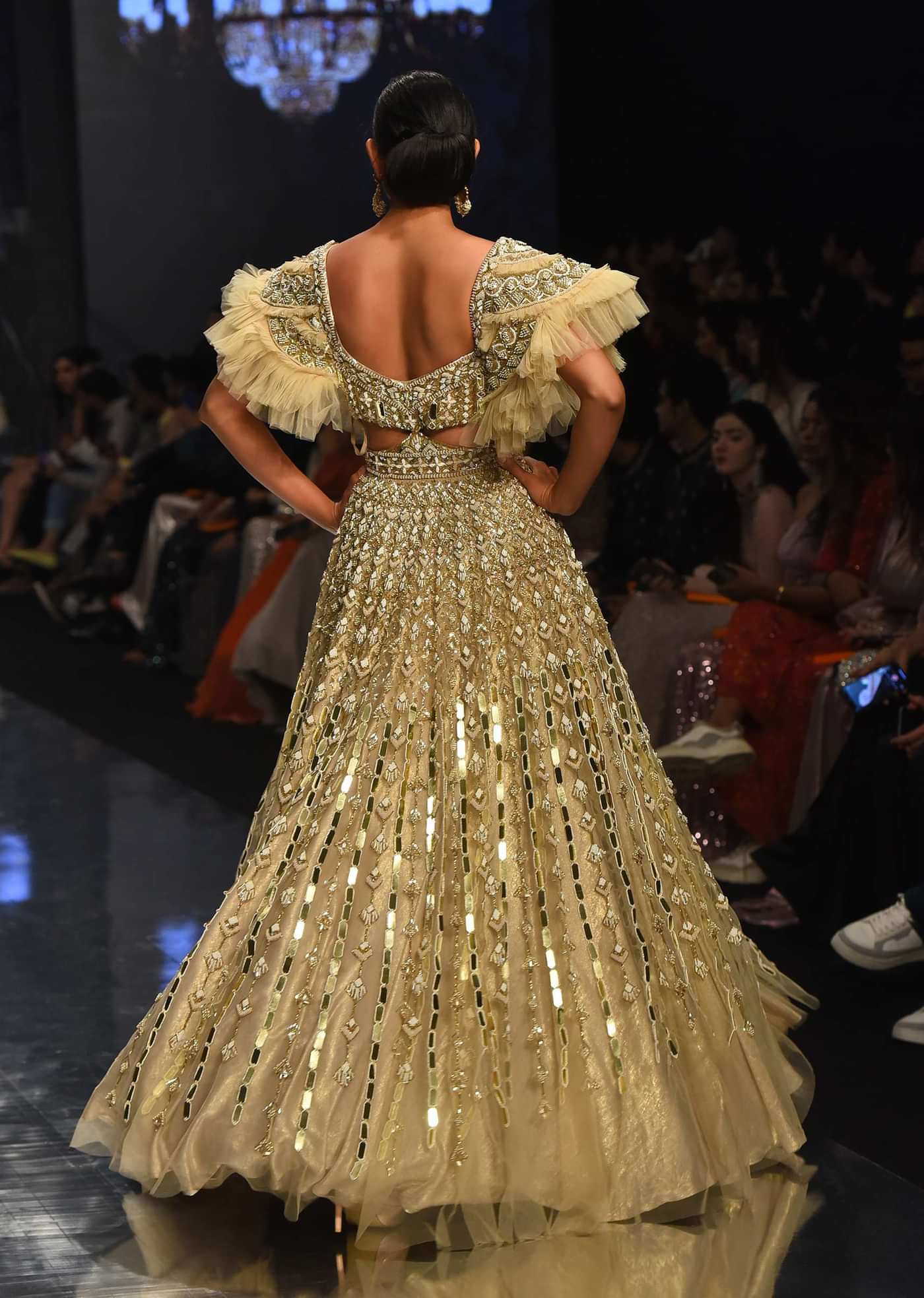 Champagne Gold Angelic Gown In Net With Ruffle Sleeves And Mirror Work - NOOR 2022