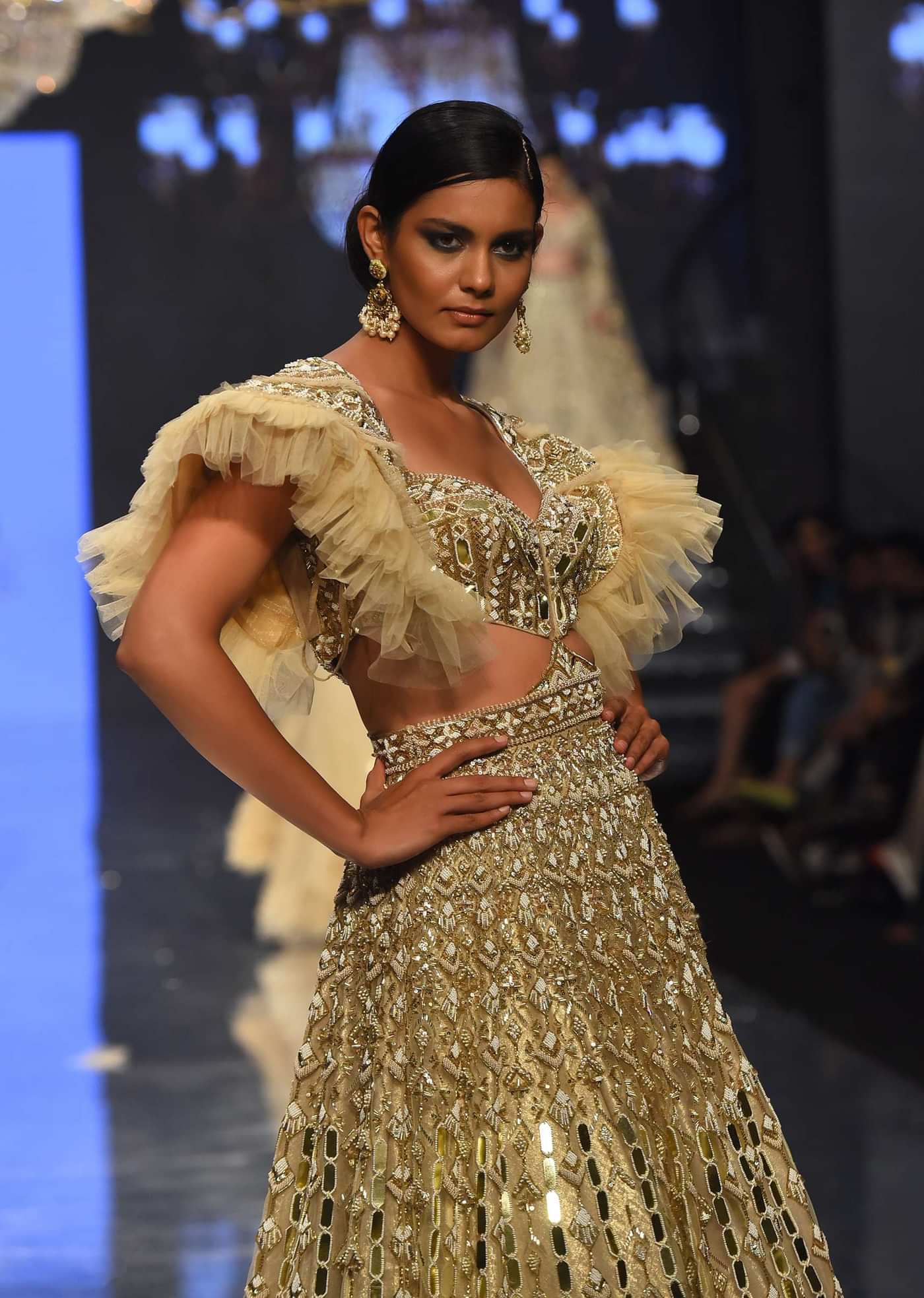 Champagne Gold Angelic Gown In Net With Ruffle Sleeves And Mirror Work - NOOR 2022