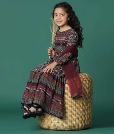 Kalki Chocolate Brown Kurta And Sharara Set In Satin Blend With Abla Work For Girls