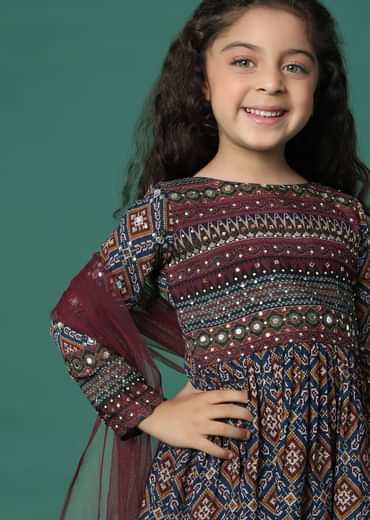 Kalki Chocolate Brown Kurta And Sharara Set In Satin Blend With Abla Work For Girls