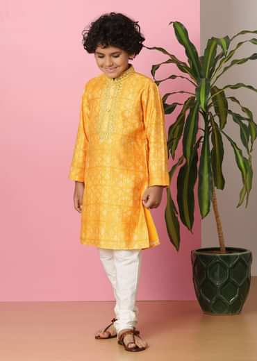 Kalki Chrome Yellow Boys Kurta Set In Silk With Zari And Threadwork