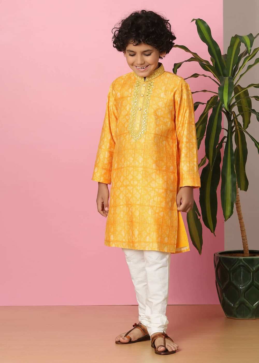 Kalki Chrome Yellow Boys Kurta Set In Silk With Zari And Threadwork