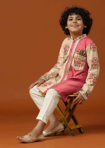 Kalki Coral Beige Printed Kurta Pant Set For Boys