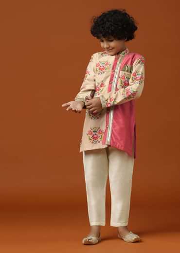 Kalki Coral Beige Printed Kurta Pant Set For Boys
