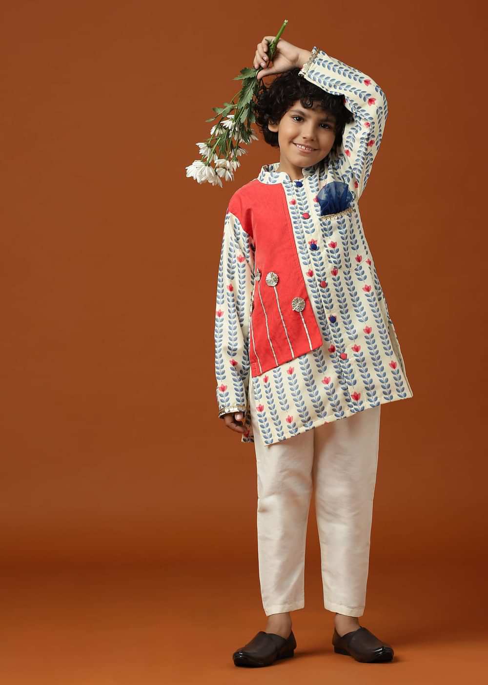 Kalki Coral White Printed Kurta Set In Cotton Silk For Boys
