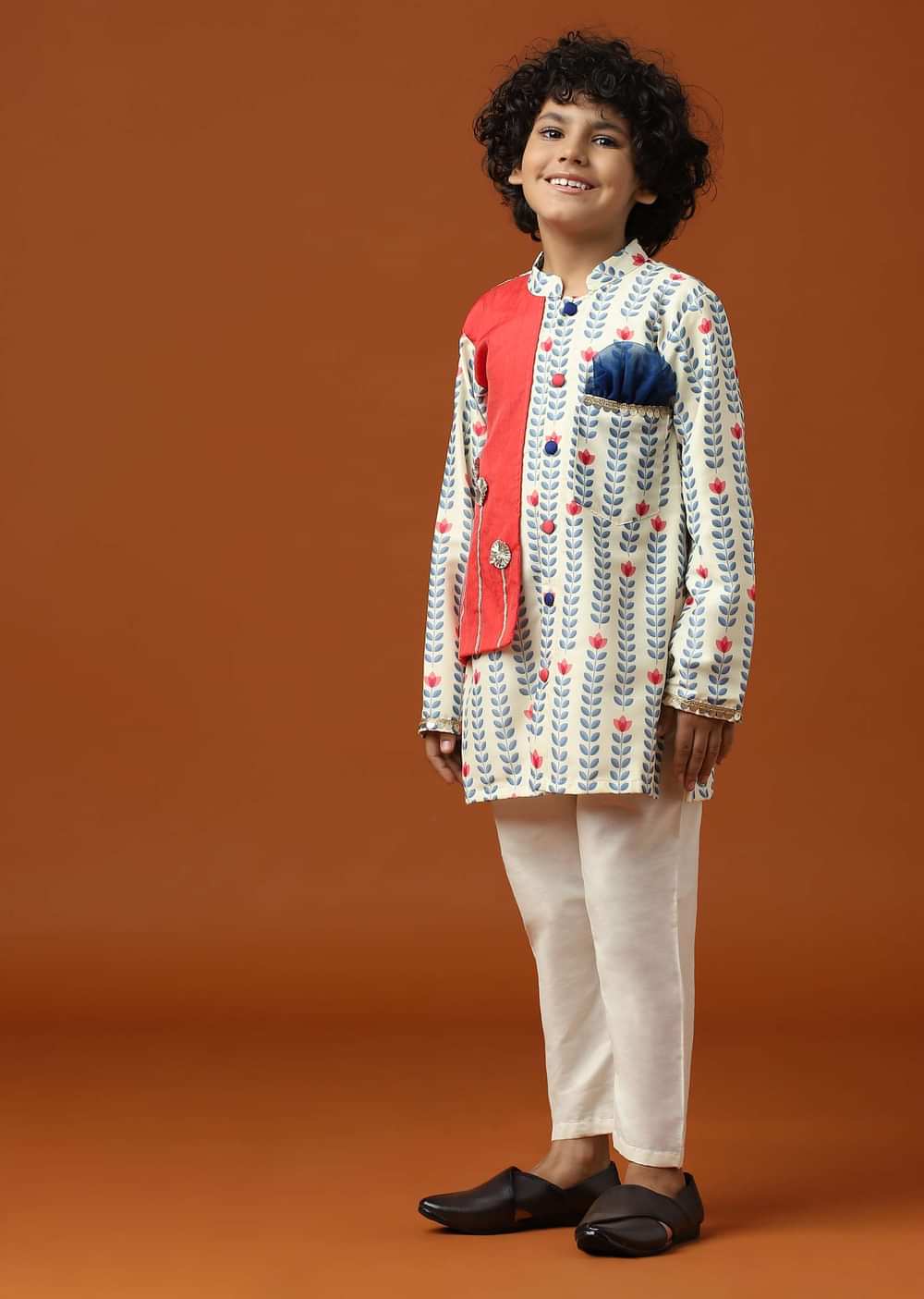 Kalki Coral White Printed Kurta Set In Cotton Silk For Boys
