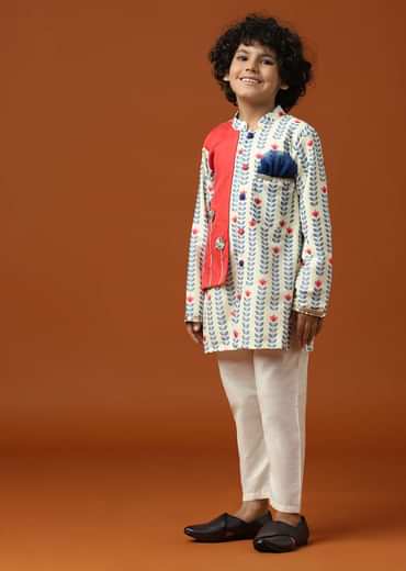 Kalki Coral White Printed Kurta Set In Cotton Silk For Boys