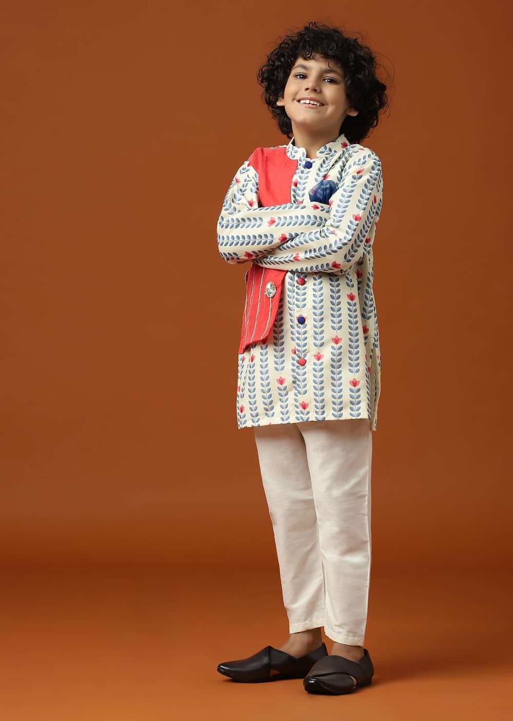 Kalki Coral White Printed Kurta Set In Cotton Silk For Boys