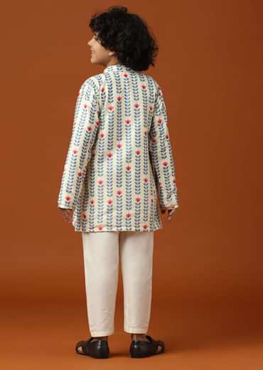 Kalki Coral White Printed Kurta Set In Cotton Silk For Boys