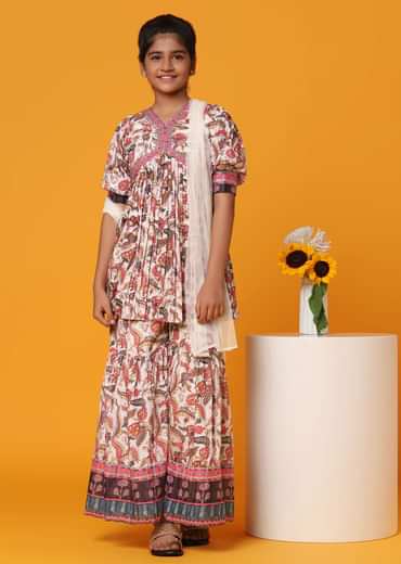 Kalki Cream White Printed Kurti And Palazzo Set In Georgette For Girls