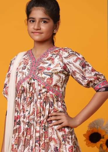 Kalki Cream White Printed Kurti And Palazzo Set In Georgette For Girls
