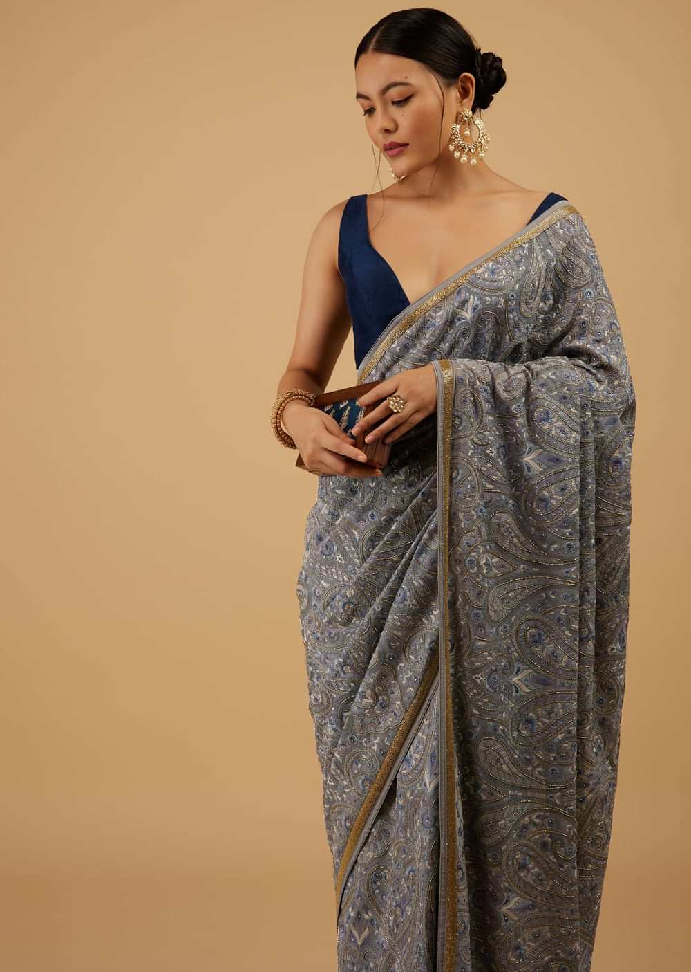 Powder Blue Festive Saree Kashmiri Embroidered In Georgette