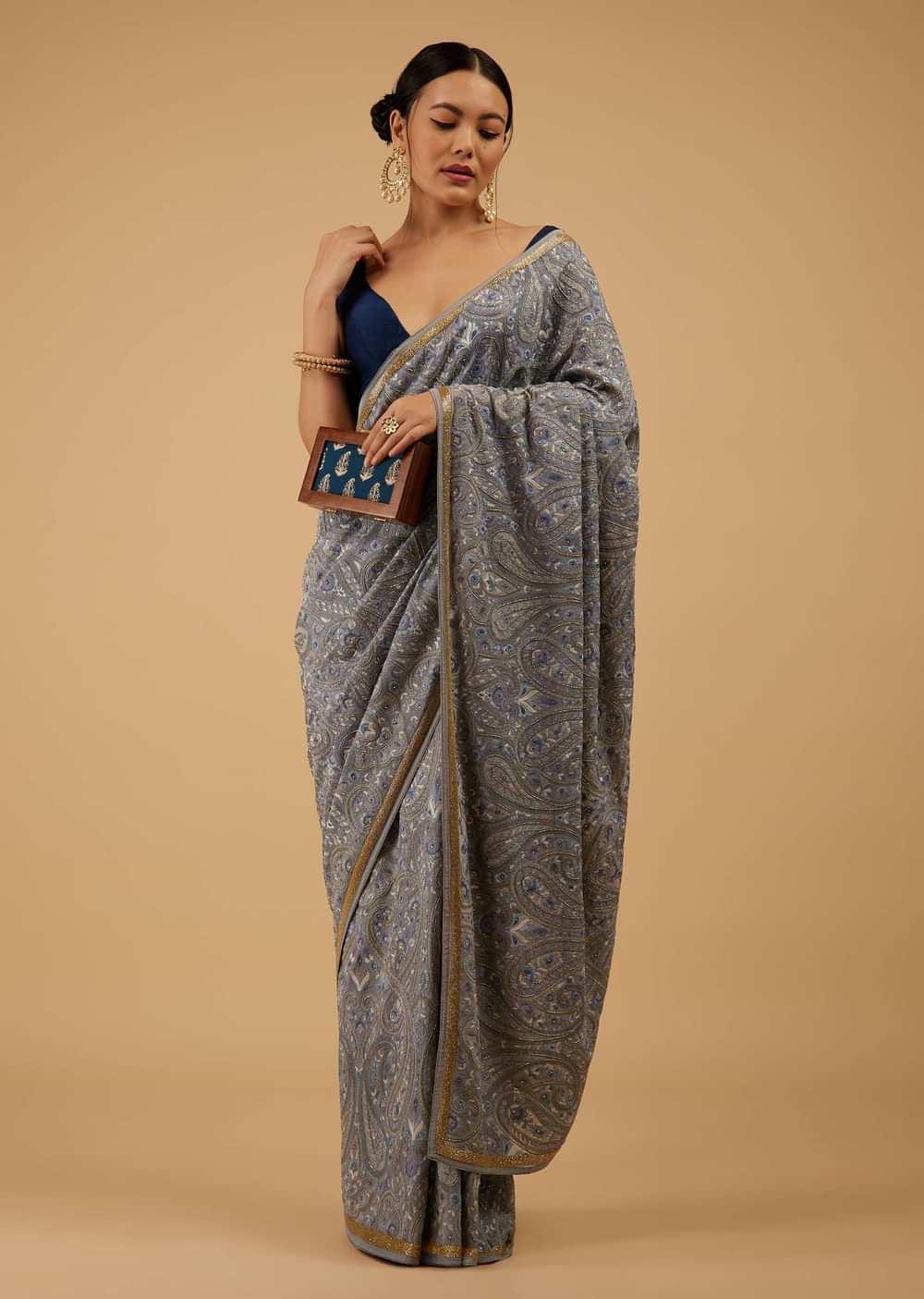 Powder Blue Festive Saree Kashmiri Embroidered In Georgette