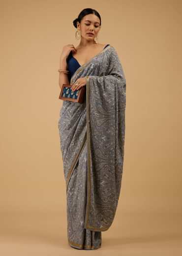 Powder Blue Festive Saree Kashmiri Embroidered In Georgette