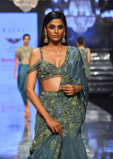 Mint Blue Pure Crepe Pleated Lehenga Set With Attached Dupatta - NOOR 2022