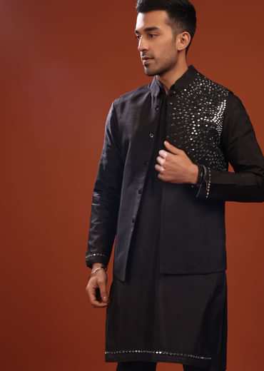 Black Bandi Jacket Set In Mysore Silk With Mirror Embroidery