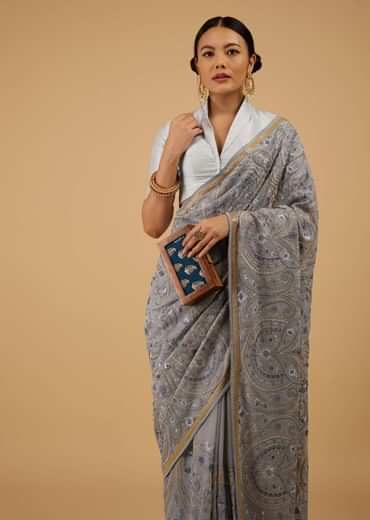 Powder Blue Saree Kashmiri Embroidered In Georgette