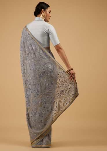 Powder Blue Saree Kashmiri Embroidered In Georgette