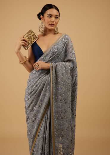 Festive Fog Grey Saree Kashmiri Floral Embroidered In Georgette
