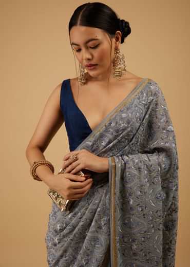 Festive Fog Grey Saree Kashmiri Floral Embroidered In Georgette