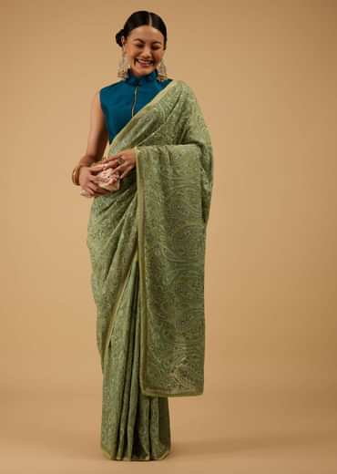 Festive Pista Green Saree Kashmiri Embroidered In Georgette