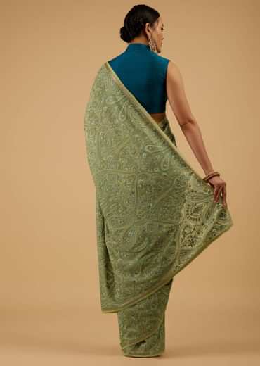 Festive Pista Green Saree Kashmiri Embroidered In Georgette