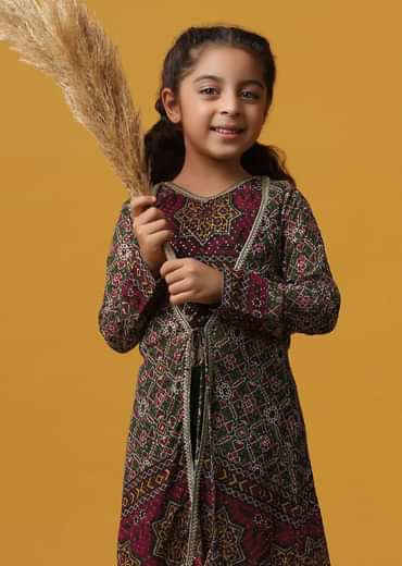 Kalki Forest Green Embroidered Top And Palazzo Set With Jacket In Georgette For Girls