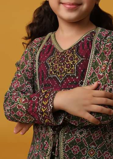 Kalki Forest Green Embroidered Top And Palazzo Set With Jacket In Georgette For Girls