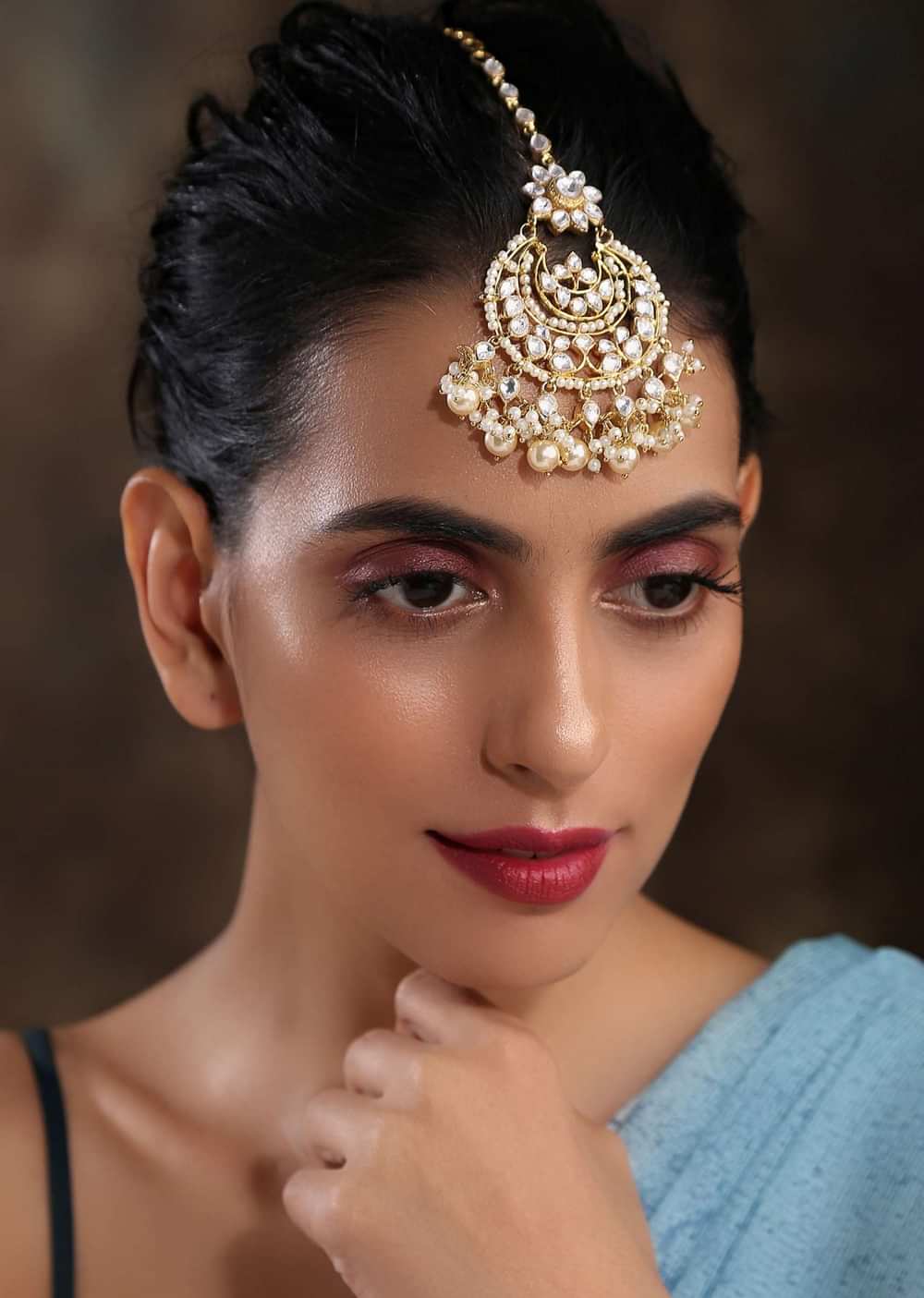 Gold Plated Kundan And Pearl Maang Tika