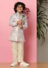 Kalki Grey Printed Sherwani Set In Silk For Boys
