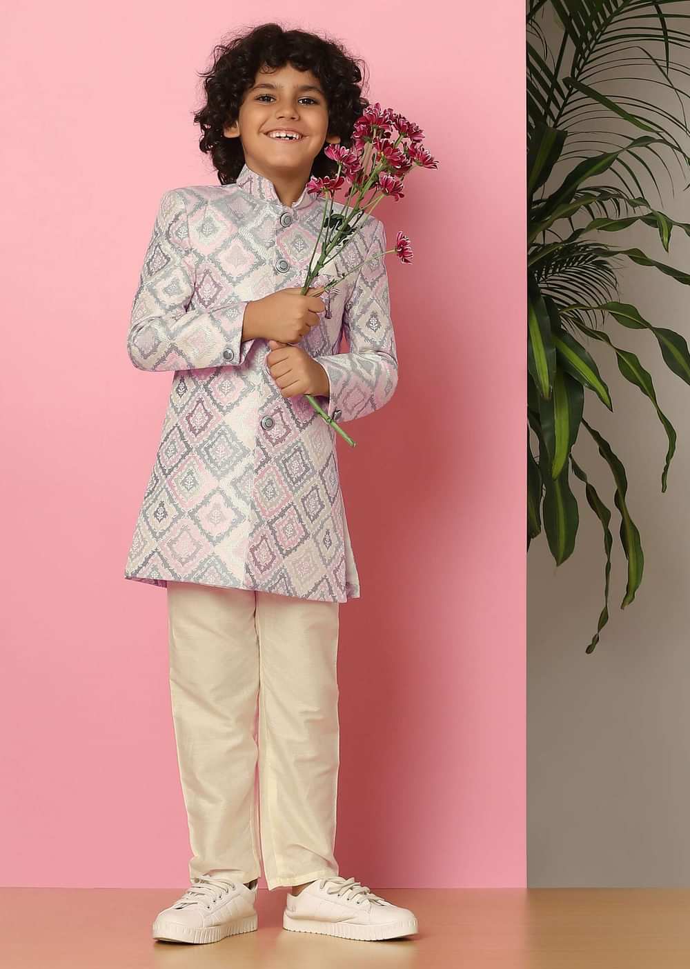 Kalki Grey Printed Sherwani Set In Silk For Boys